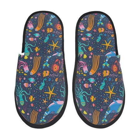 Balery Marine Inhabitants Slient Indoor Furry Fleece Comfort House Shoes Soft Non-Slip Home Shoes Cotton slippers House Slippers-- Large