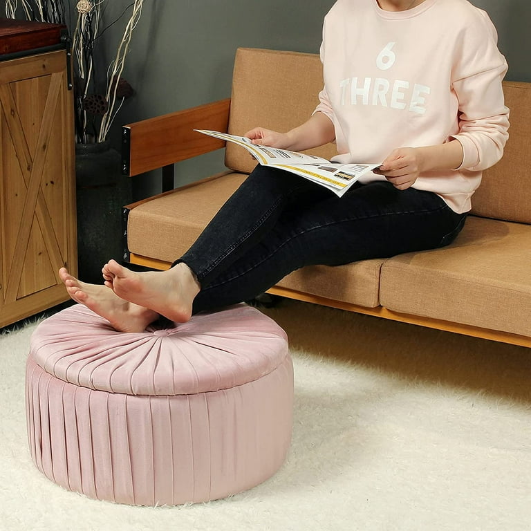 PINPLUS Round Pouf Storage Ottoman, Pink Velvet Large Foot Rest Stool Seat  with Lids, Coffee Table Footrest Stool Seat for Living Room Bedroom