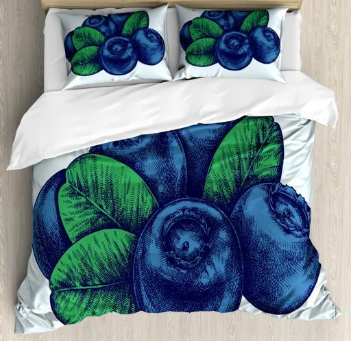 Vintage Blue Queen Size Duvet Cover Set Retro Style Hand Drawn