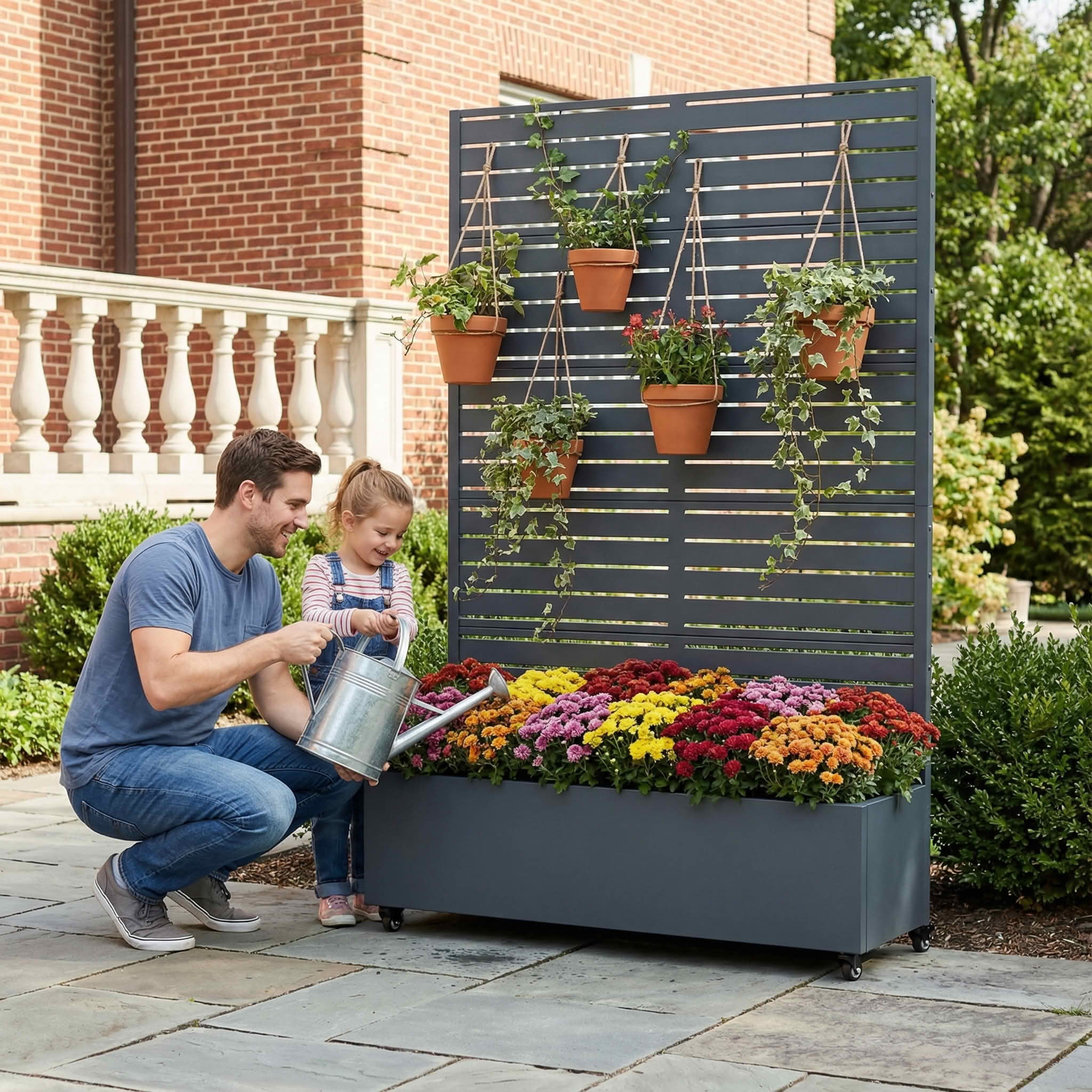 MAYEERTY 72x47 Gray Rectangular Iron Planter Box with Trellis, 5 Piece Set Decorative Garden Screen for Patio and Balcony