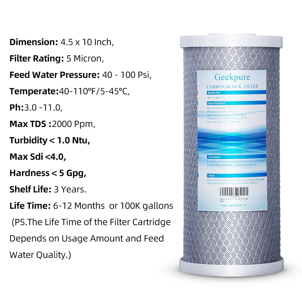 Geekpure 10 Inch Whole House Water Filtration System with Carbon Block Filter 10-Inch Big Clear Housing-1"NPT Inlet/Outlet - 4.5"x 10"