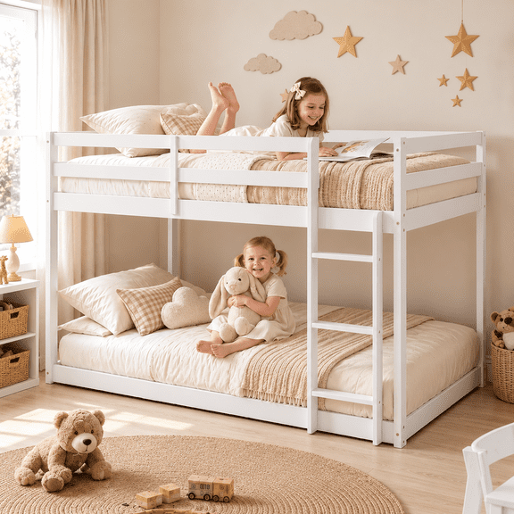 Solid Wood Bunk Beds, Sesslife Twin over Twin Bunk Bed with Guardrails & Ladder, Non-Toxic Finish, Easy Assembly, White