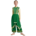 thumbnail image 2 of Doomiva Kids Girls Lyrical Praise Dance Outfit Long Sleeve Irregular Hem Worship Gold Trim Dress with Wide Leg Pants Green 6, 2 of 6