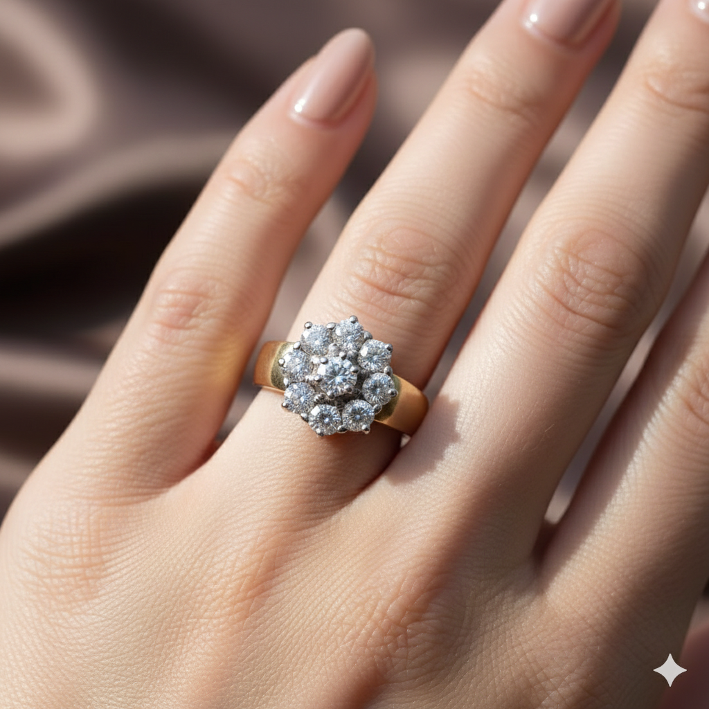 14K Yellow Gold Plated Round Shape Moissanite Cluster Engagement Ring for Women – Diamond Cluster Ring, Perfect Gift for Her