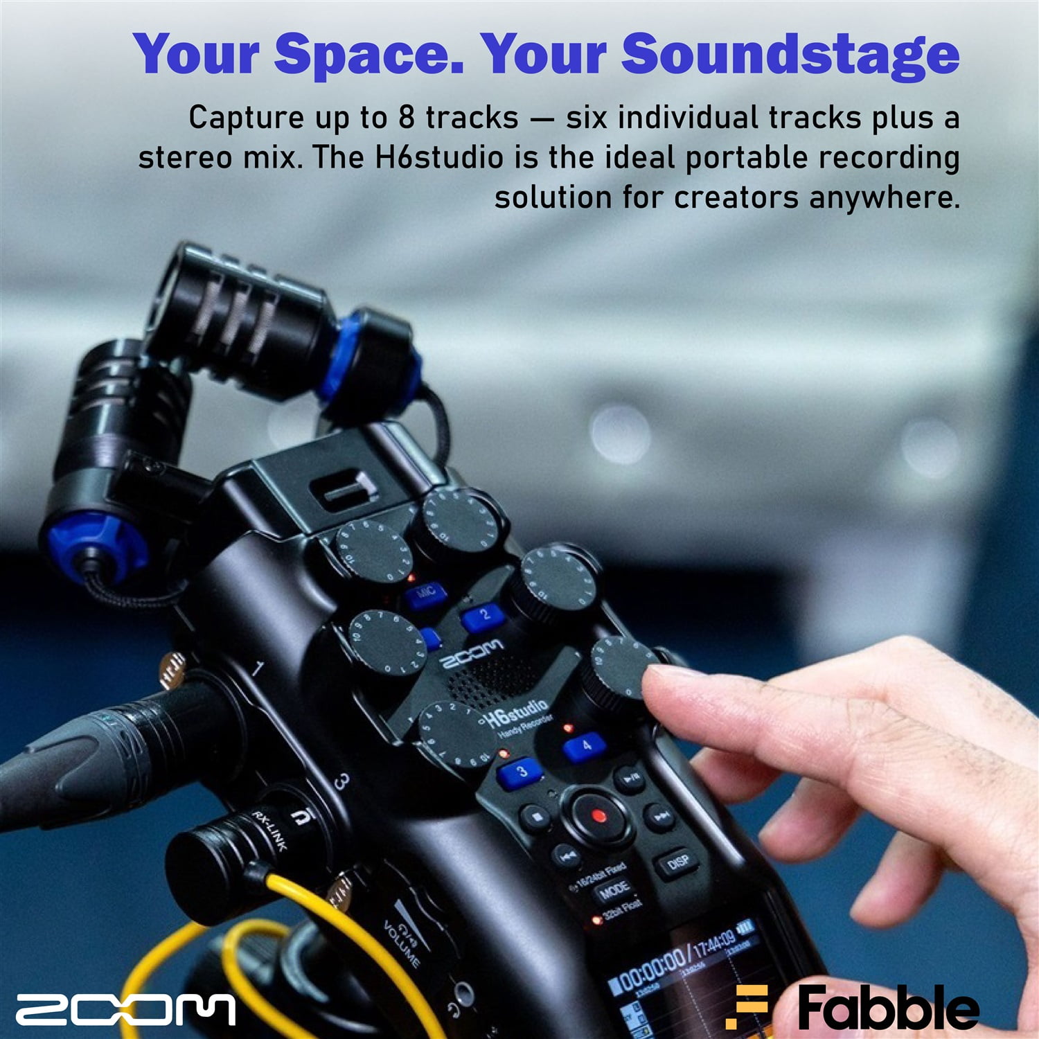 Zoom H6studio Handy Recorder Bundle with ZDM-1 Podcast Mic Packs, Headphones, Tabletop Stands, XLR Cables, Windscreens, 2X Memory Cards, Batteries, and Accessories