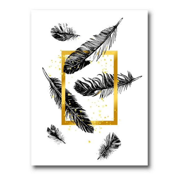 Designart ' Feathers and Golden Frame ' Bohemian & Eclectic Canvas Wall Art Print