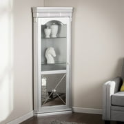 Southern Enterprises Illusions Mirrored Lighted Corner Curio Cabinet, Matte Silver (Box 1 of 2)