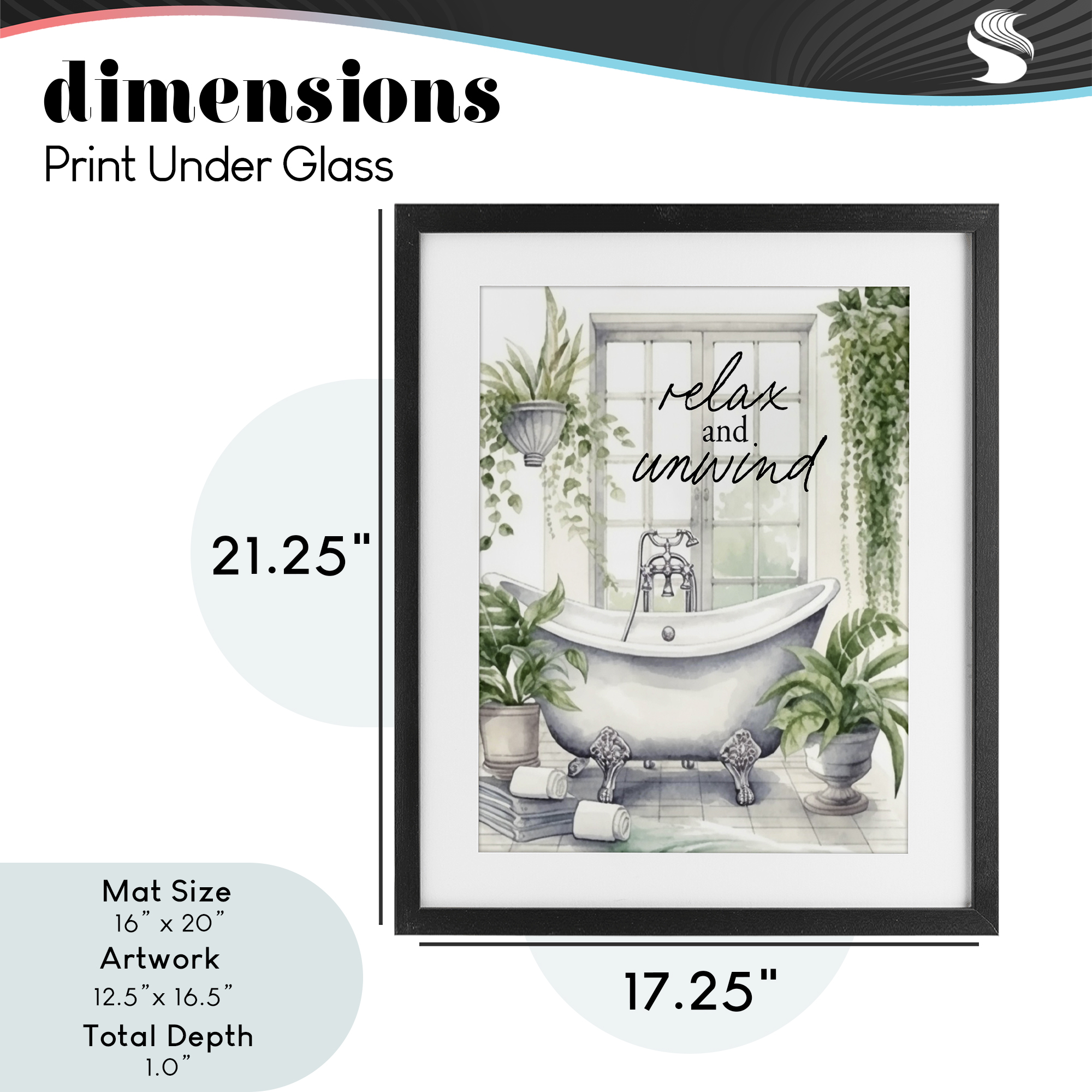 Relax Unwind Bath & Foliage Black Framed Print Under Glass, design by Lettered and Lined