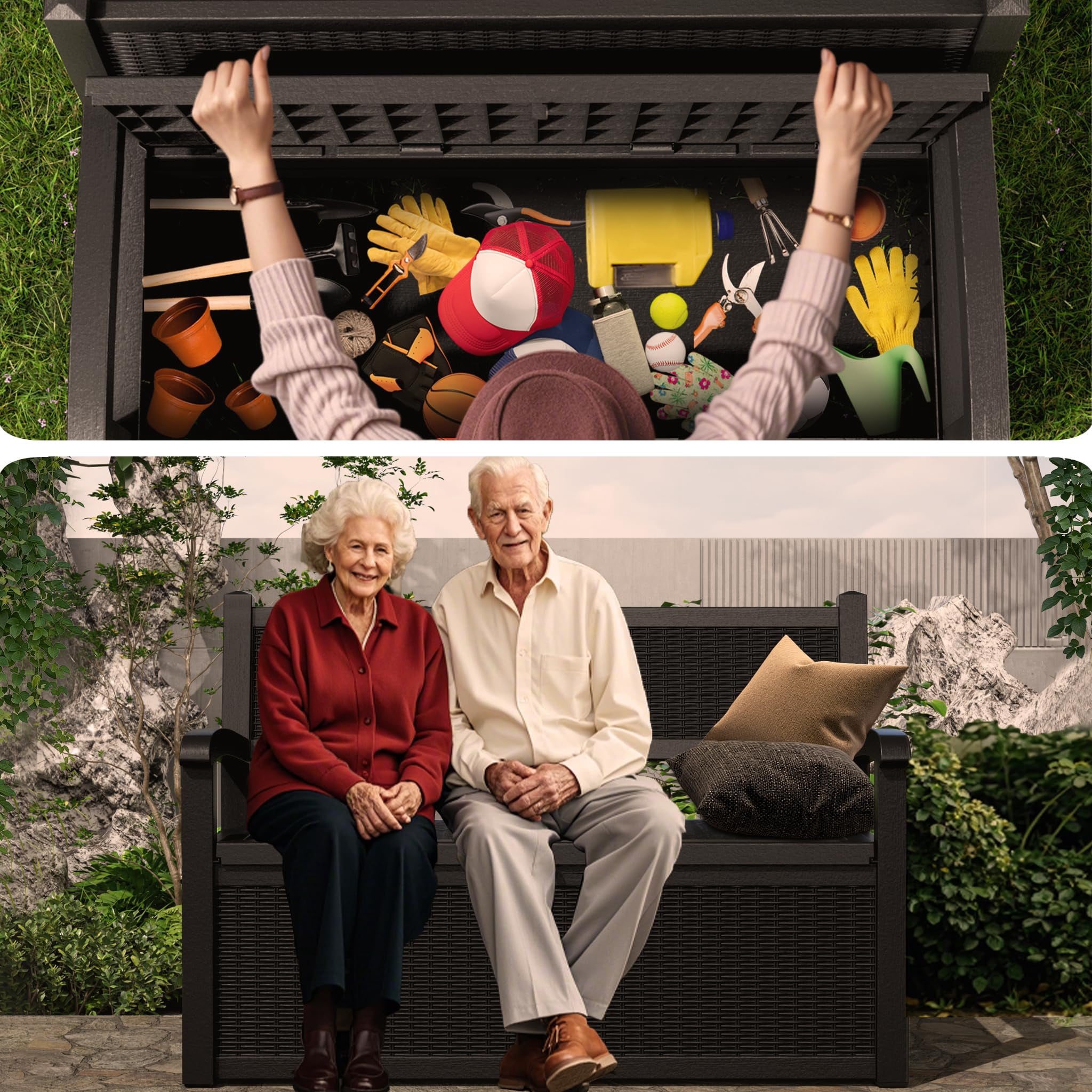 80 Gallon Outdoor Storage Bench Deck Box Lockable for Patio Furniture, Outdoor Porch Bench with Storage Waterproof for Cushions, Garden Tools and Pool Supplies, Black