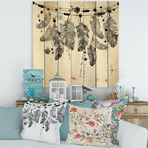 Designart 'Hanging Monochrome Bird Feathers' Bohemian & Eclectic Print on Natural Pine Wood