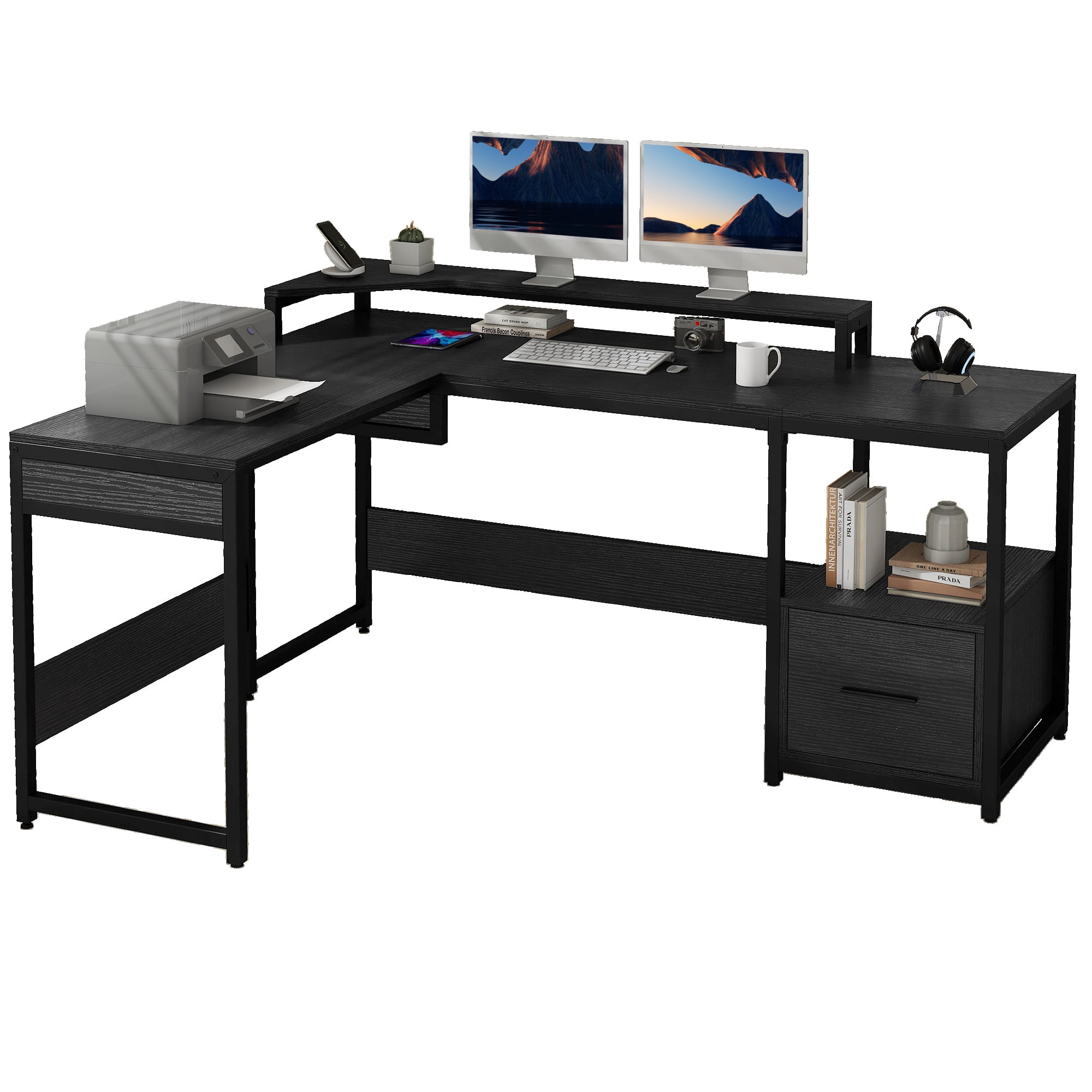 Uforic 65" L Shaped Desk with Lift Top & Monitor Stand, Computer Desk with File Drawer, Corner Desk Office Desk Executive Desk with Storage Shelves for Home Office, Black