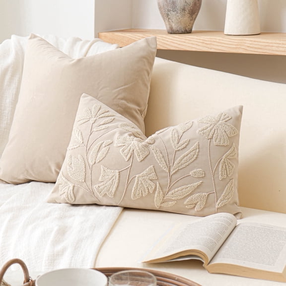 BlissBlush Light Beige Soft Velvet Decorative Accent Lumbar Throw Pillow Cover 12X20, Neutral Floral Tufted Soft Farmhouse Textured Pillowcase, Accent Pillowcase for Couch Sofa Bed Living Room