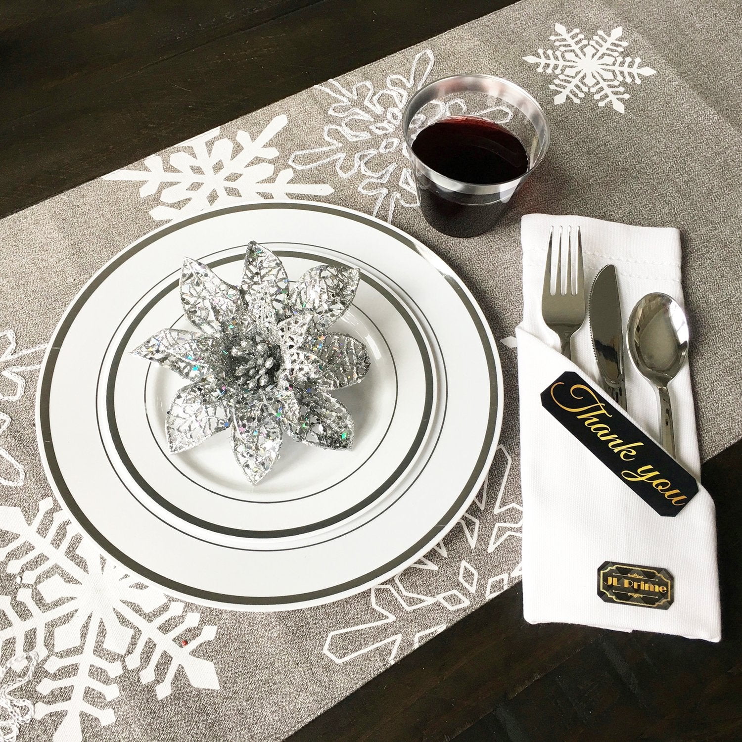 125 Piece Silver Plastic Plates & Cutlery Set - Reusable & Recyclable - Silver Rim Plates & Silverware for Weddings, Anniversaries, Showers, Parties - Dinner Plates, Salad Plates, Utensils 25 Each