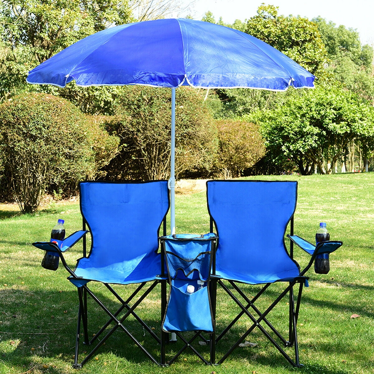 Double Folding Chair w/ Umbrella and Table Cooler Fold Up Beach Camping Chair 