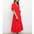 thumbnail image 5 of Summer Dresses with Drawstring Solid Color V Neck Flared Sleeve Tiered Ruched Dresses Casual Loose Midi Dresses for Women Red XL, 5 of 6
