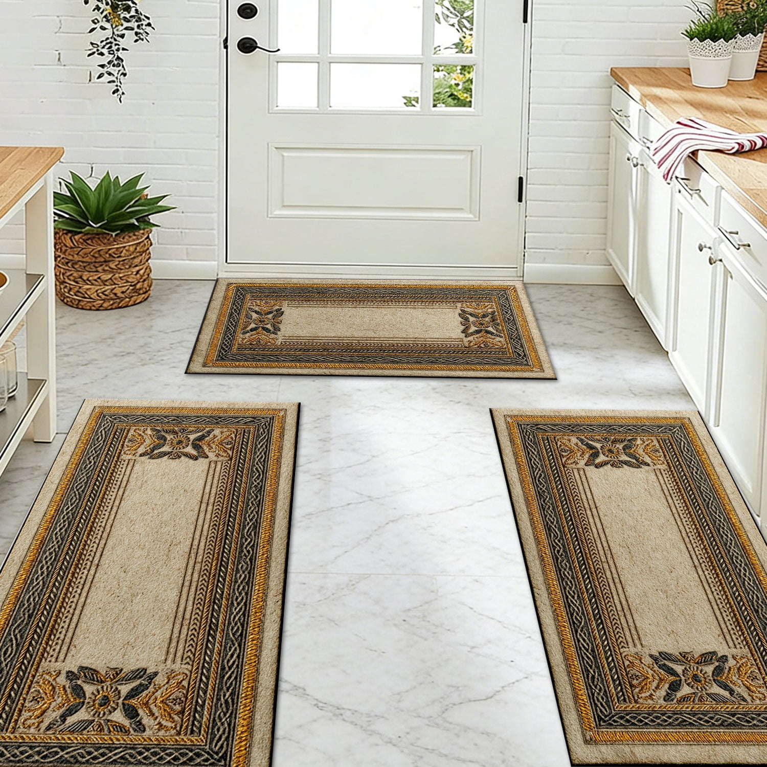 3 Piece Kitchen Rug Set, Non-Slip And Washable, Abstract Pattern Kitchen Hallway Rug, Soft And Comfortable, Suitable For Sinks, Floors, Entrances, Hallways and Bathrooms