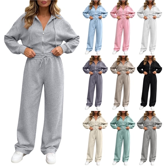 Womens Sweatsuits 2 Piece Set Hoodie Cropped Zip Solid Color Long Sleeve Sweatshirt and Wide Leg Pants with Pockets Everyday Relaxing Casual Lounging