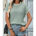 thumbnail image 6 of Women'S Ribbed Sweater Crew Neck Short Sleeve Loose Fit Knit Pullover Tops Bean Green S, 6 of 9