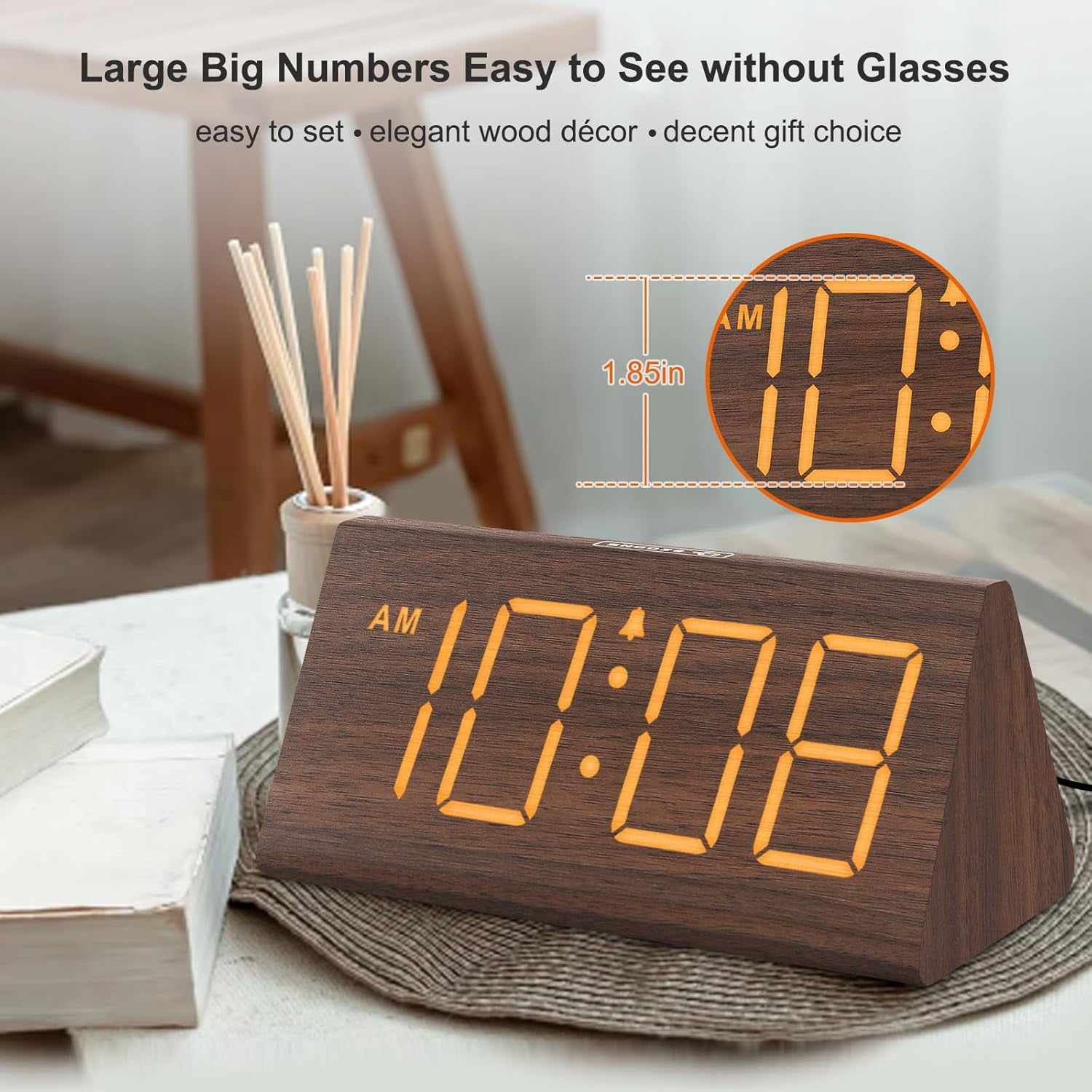 Wooden Digital Alarm Clocks for Bedrooms - Electric Desk Clock with Large Numbers, USB Port, Loud Heavy Sleepers, Adjustable Volume, Dimmer, Snooze, DST, Wood Décor, Adapter Powered