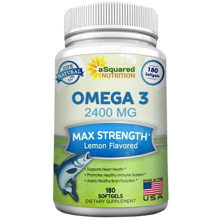 aSquared Nutrition oméga 3 supplément d'huile de poisson (180 Gélules saveur de citron) 2400mg Max Force, Suractivé EPA et DHA, pur naturel oméga-3 acides gras, Burpless pilules liquide Capsule