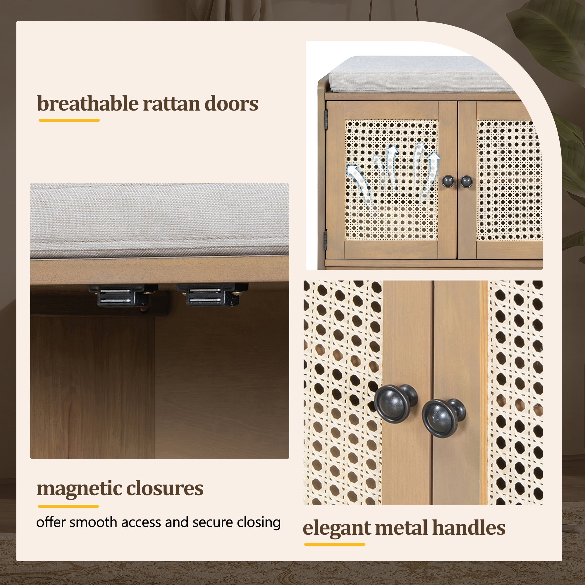 Euroco Rustic Storage Bench Multifunctional Wood Entryway Shoe Bench with Removable Cushion, Woven Rattan Doors & Adjustable Shelves for Hallway, Living Room (Brown+Beige )