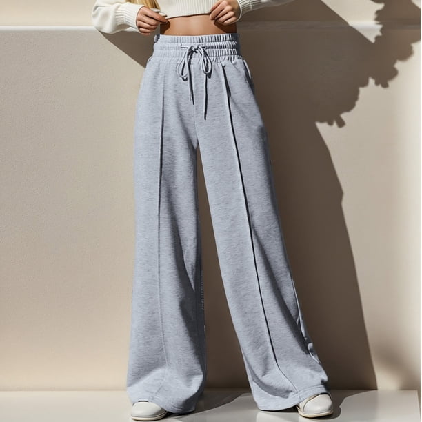 WILLBEST Pantalones Casuales para Mujer, Cómodos, de Color Sólido, de Cintura Alta, con Cordón Ajustable, Largos, Sueltos, de Pierna Ancha, de Moda. Mediana