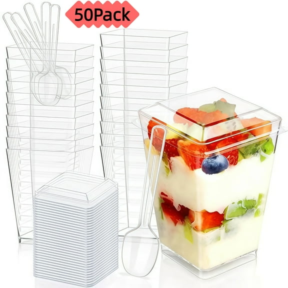 50 Pack 5 oz Square Clear Dessert Cups with Lids and Spoons, Small Clear Tumbler Cups Set, Great for Desserts, Appetizers, Puddings, Mousse