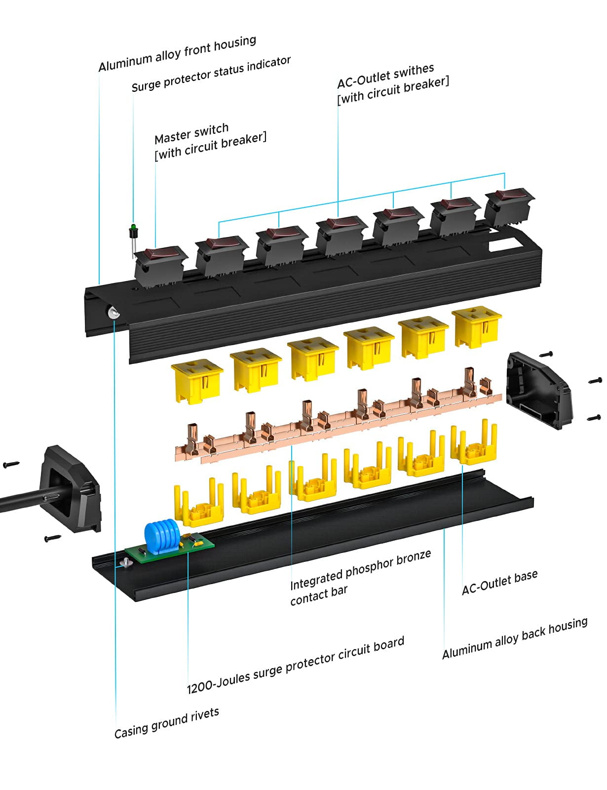 CRST Power Strip 6 Outlet Heavy Duty Surge Protector Individual Switch 6ft Extension Cord with Flat Plug, 15A Circuit Breaker