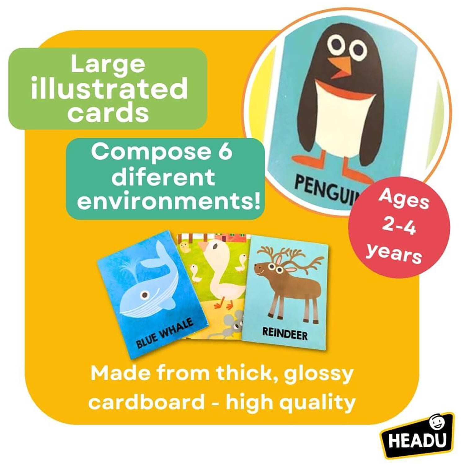 Headu: Montessori Flashcards - First Animal Encyclopedia - Matching Game, Discover Animals & Habitats, Illustrated Cards, Educational Play Toddler 2-4