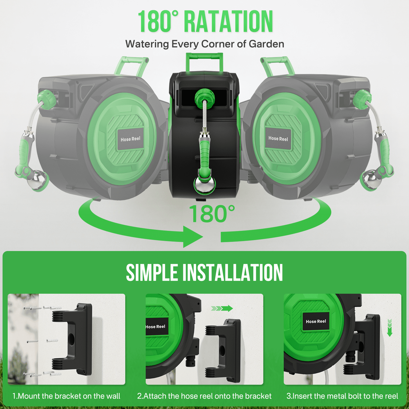 GINOST 100-150 ft Retractable Garden Hose Reel with 10-Pattern Spray Nozzle, Wall-Mounted Auto-Rewind System, Lock-at-Any-Length, Heavy-Duty 3-Layer PVC Hose (1/2-in)