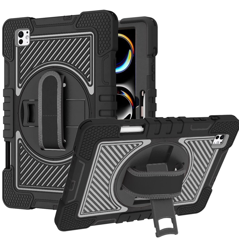 For Apple iPad (A16) 2025 /iPad 10th Gen 10.9 Hybrid 3in1 Multi-Functional Shockproof Tablet Case with Hand, Shoulder Strap, Pencil & Stand Holder Case Cover [Black]