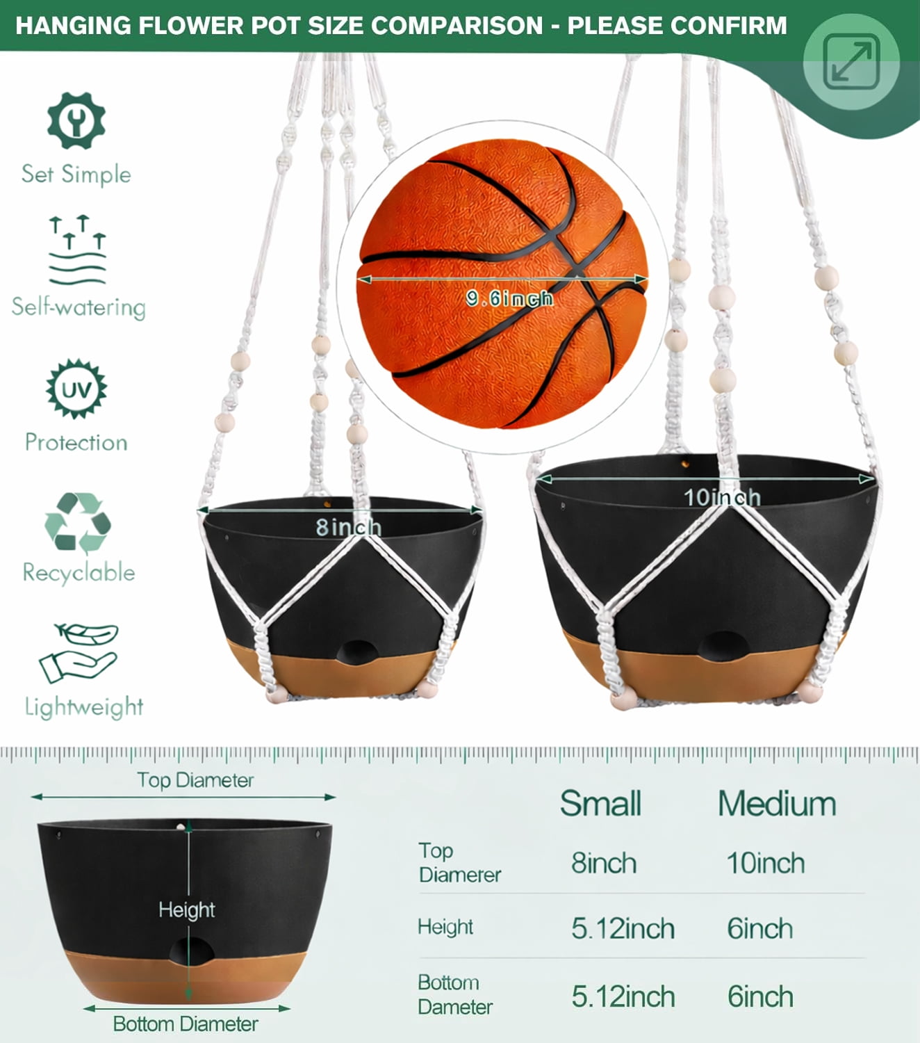 Diigabo 2-Pack 10-inch Self-Watering Hanging Planters with Macrame Hanger Indoor Plastic Plant Pots with Drainage Hole&Saucers Flower Baskets for Outdoor Garden Home Ceiling Decor(Black)
