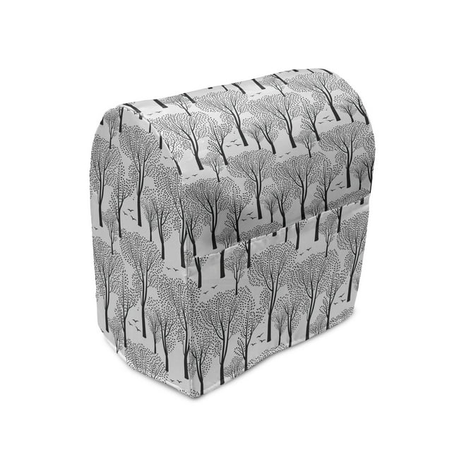 Winter Stand Mixer Cover, Monochrome Abstract Forest Pattern Trees Leaves Birds Wildlife Woodland Nature, Kitchen Appliance Organizer Bag Cover with Pockets, 5 Quarts, Black White, by Ambesonne