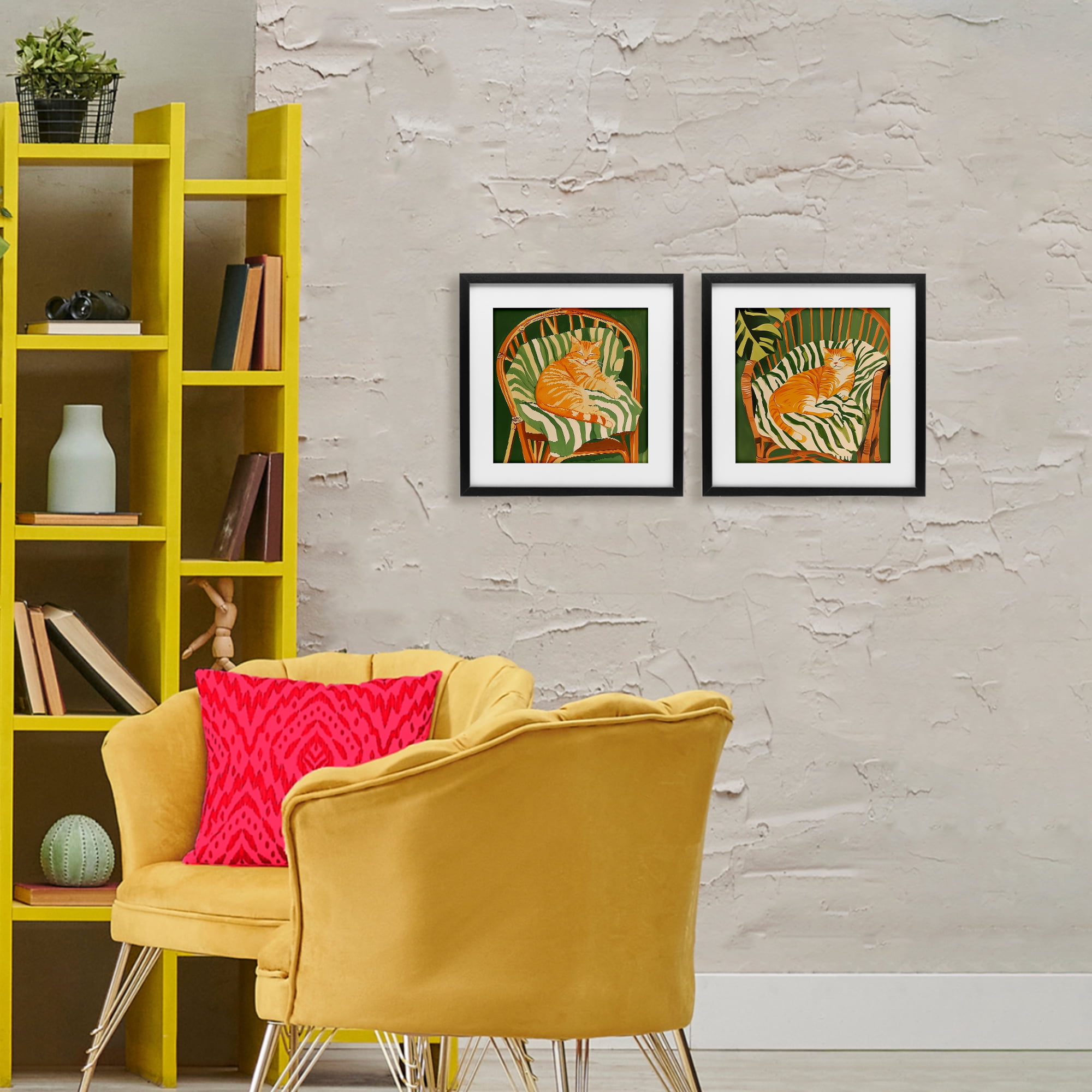 Stupell Industries Cozy Cats in Rattan Chairs 2 Piece Black Framed Print Under Glass Set, design by Walker Noble