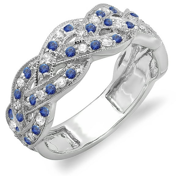 Dazzlingrock Collection 10K Round White Diamond & Blue Sapphire Ladies Wedding Band Stackable Swirl Ring, White Gold, Size 7