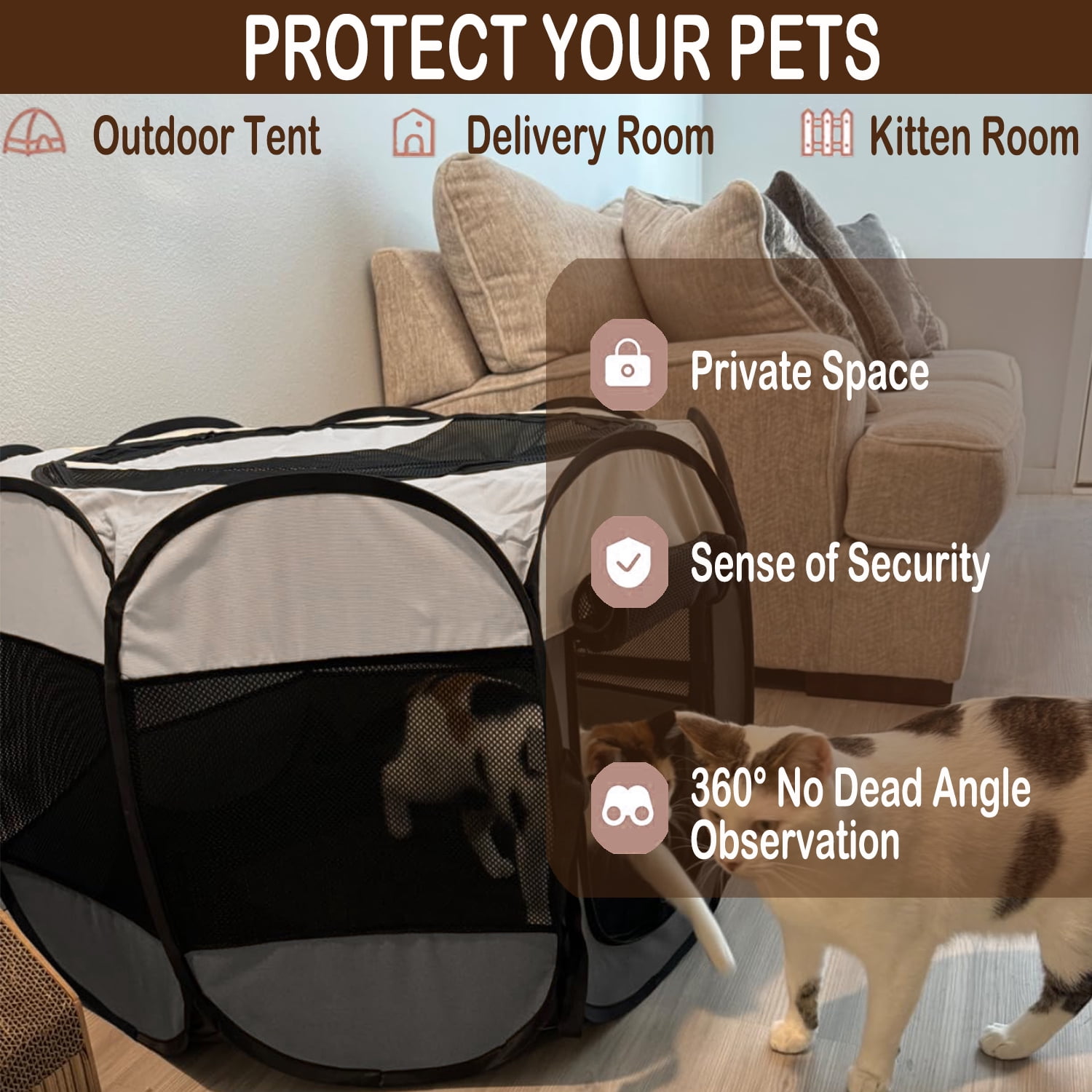 Large Cat Playpen,36" Pop-up Cat Cage with Side Pocket,Dinosam Puppy Playpen for Indoor Outside Kitten Playpen 36" Diameter 23" Height