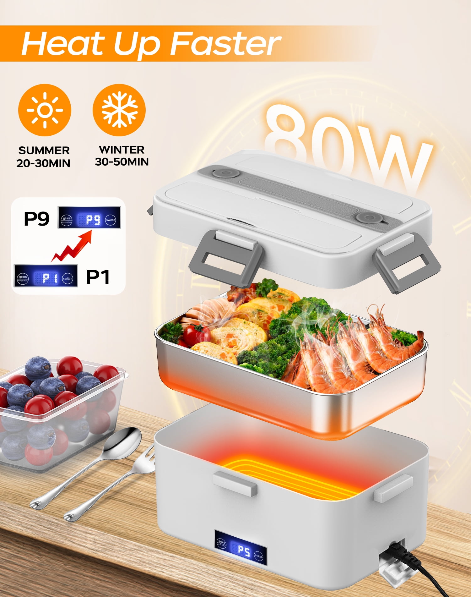 80W Electric Lunch Box, Food Warmer Heater  with 1.8L Container and Digital Screen, 12V 24V 110V Portable Heated Lunch Box