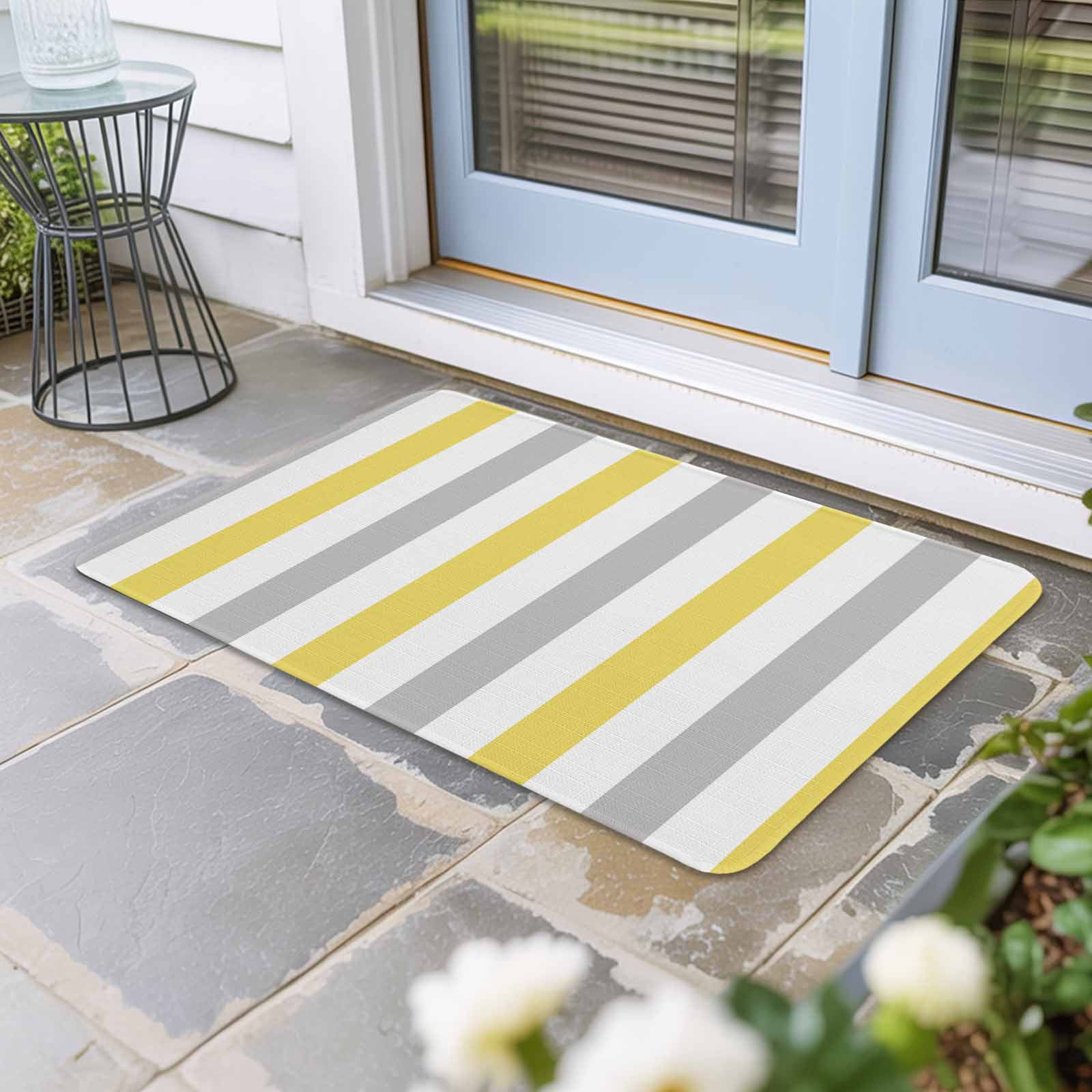 Yellow Grey Striped Doormat Outdoor Entrance 18"x30", Geometric Vertical Stripes White Absorb Moisture Dirt Door Mats, Non-Slip Rubber Backing Floor Mats Indoor, Low-Profile Front Door Rugs
