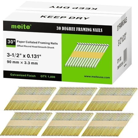 MEITE Framing Nails 30 Degree Galvanized Coated Paper Tape Collated 1,000 Count 3-1/2 Inch x .131 Inch