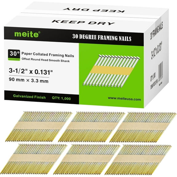 MEITE Framing Nails 30 Degree Galvanized Coated Paper Tape Collated 1,000 Count 3-1/2 Inch x .131 Inch