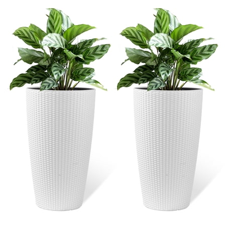 Set of 2 Faux Rattan Tall Planters Outdoor Indoor Large Planters with Water Level Monitor Inner Bucket, Automatic Watering, Flower Plant Pots for Garden, Patio, Porch, Backyard (White, 22 inch )