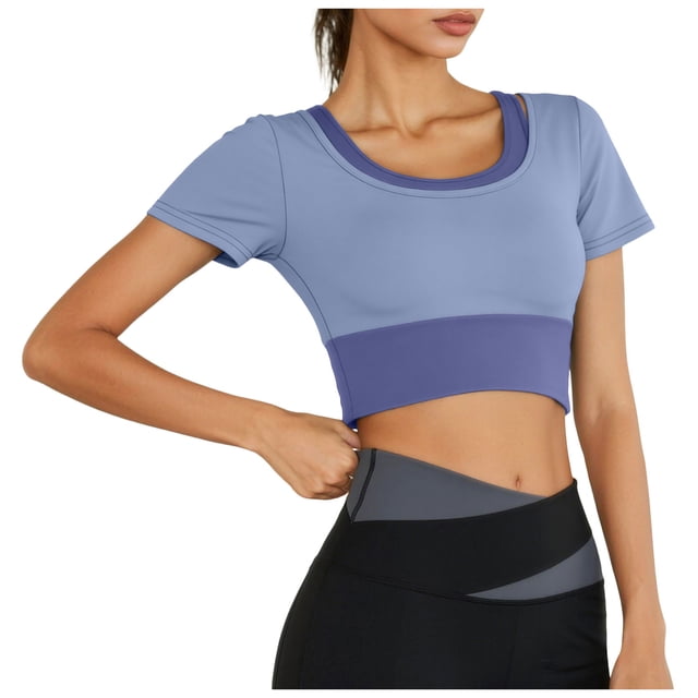 DAFEI Workout Tank Tops for Women Side Ruched Short Sleeve High Neck Crop Top Summer Athletic Gym Shirts
