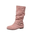 thumbnail image 2 of Women Ruched Knee High Boots, Double Metal Buckle Strap Side Zip Faux Suede Tall Boots, Low Flat Heel Slouch Long Boots Red 9.5(43), 2 of 9