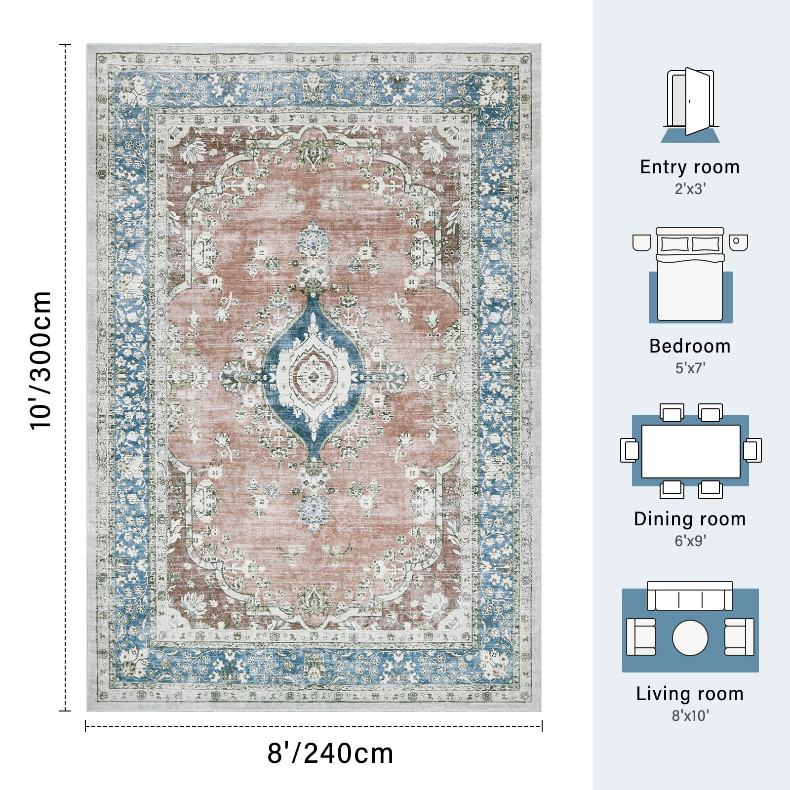 8'x10' Area Rugs for Living Room Washable, Persian  Pink Vintage Boho Non Slip Rug- Oriental Traditional Farmhouse Carpet for Bedrooms Dining Room, Living Room, Home Office.