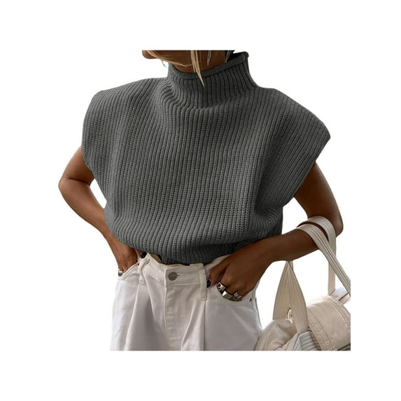 Qiylii Women Shoulder Pad Sweater Top Sleeveless Turtleneck Pullover Vest Wide Shoulder Knitted Jumper Top
