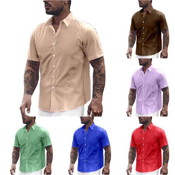 Zylarhe Mens Summer Shirts, Mens Dress Shirts Short Sleeve Slim Fit Business Casual Button Up Shirts Khaki XXXXL