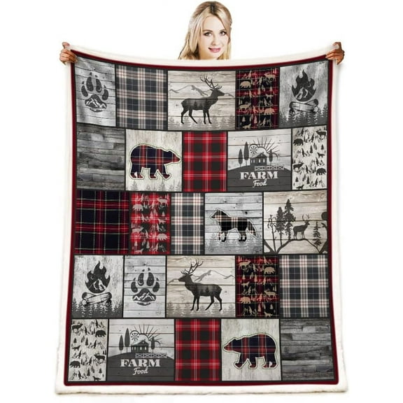 Wolf Bear and Deer Throw Blanket Rustic Cabin Decor Woodland Blanket Plaid Christmas Blanket Gifts for Women Southwestern Farmhouse Decor for Couch Bed Livingroom