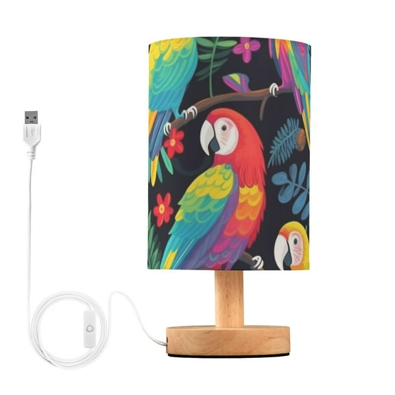Birds Parrots Leaves Flowers Table Lamp USB Bedside Desk Nightstand Lamp Printed Gifts Small Lamp Wood Base for Bedroom Living Room Kids Room College Dorm
