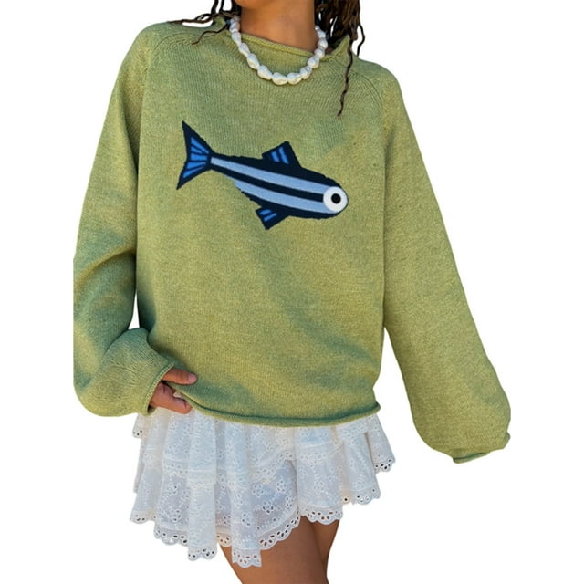 Women Crew Neck Rib Knit Fish Graphic Oversized Y2k Pullover Sweater Jumper Light Green S