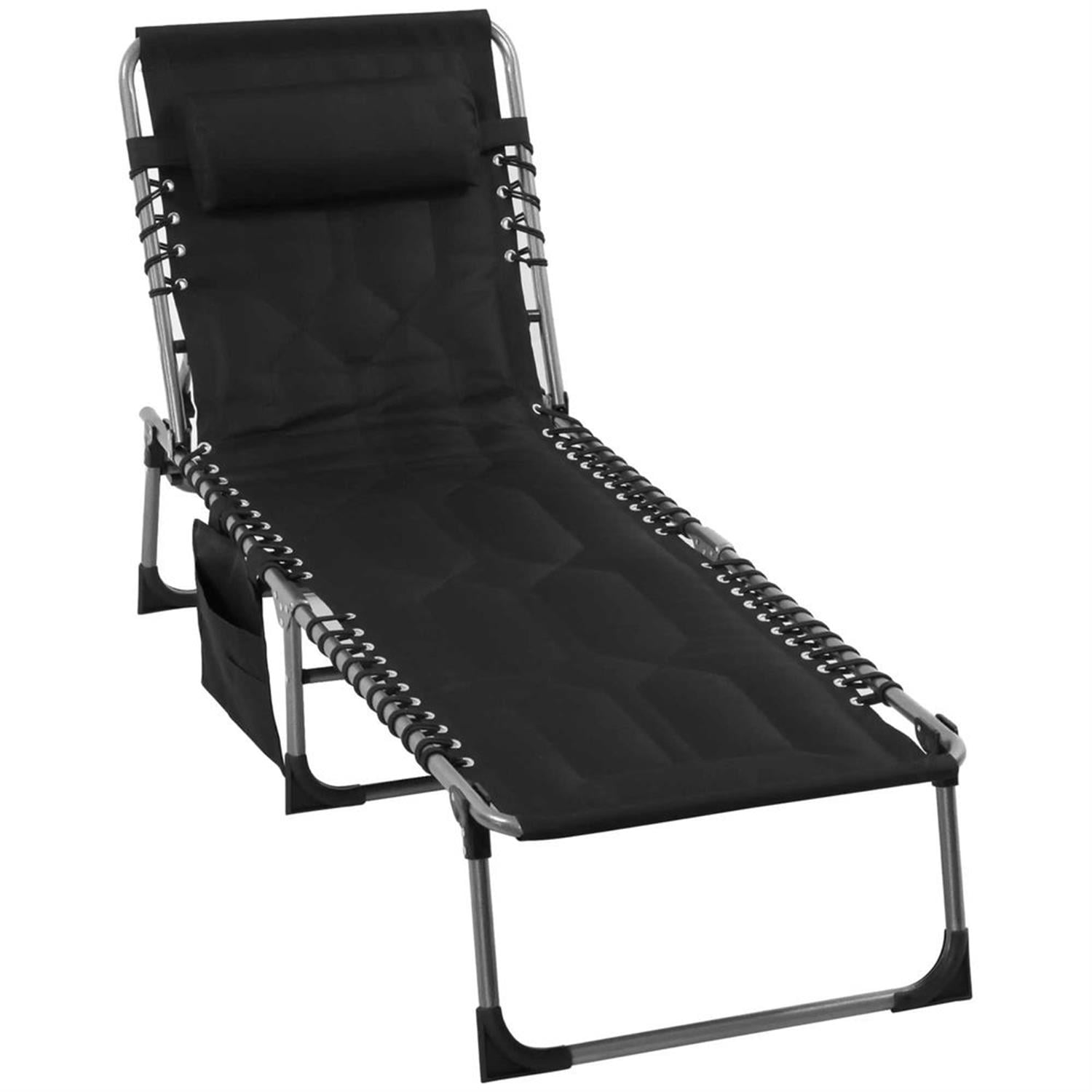 Demi Bonn Outdoor Padded Reclining Chaise Lounge, 6-Level Folding Beach Relaxation Chair with Headrest for Patio Pool Sunbathing, Black